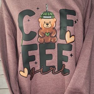 Mauve Coffee Bear Graphic Pullover Sweatshirt Crew Neck Women Long Sleeve